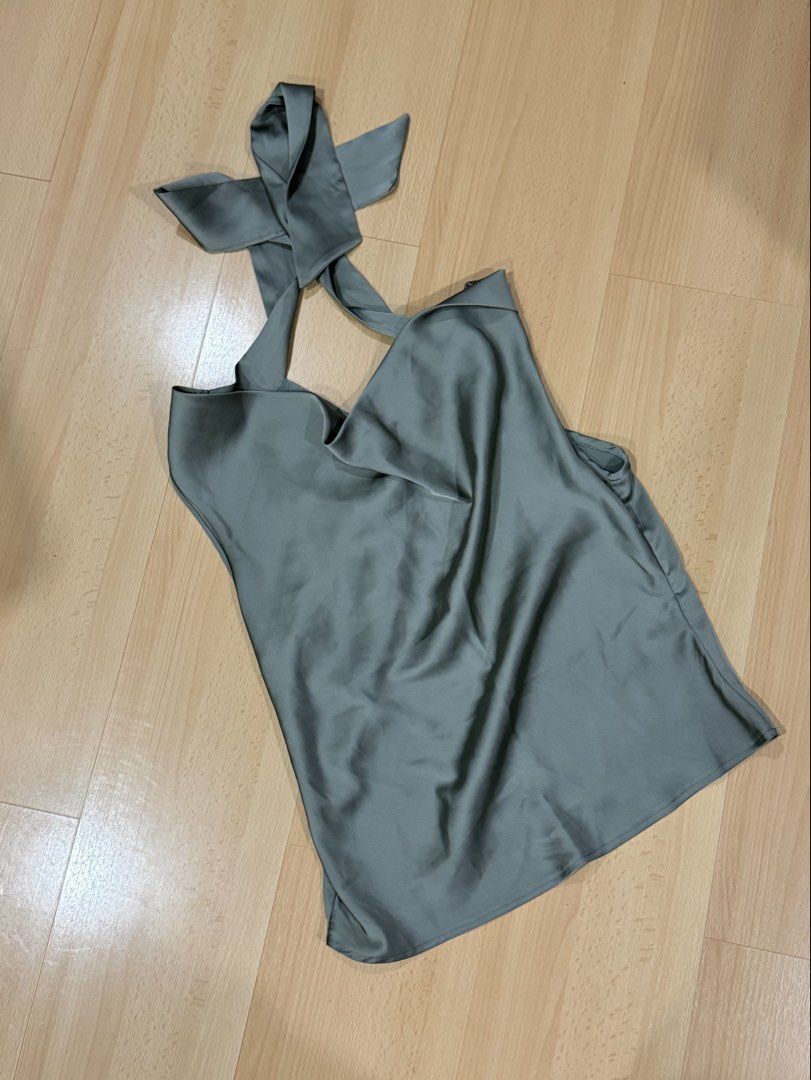 SHEIN Sage Green Halter Neck Tie-Back Top (Category: Sleeveless) located in Muntinlupa City. Submitted by alexisofia (Listing ID 1469930869, Image 2). Description: like new, worn a few times only / excellent condition Size: M / EU 38 / US 6 Brand: SHEIN.