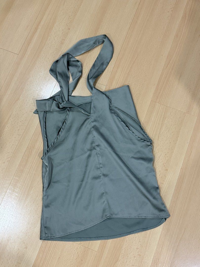 SHEIN Sage Green Halter Neck Tie-Back Top (Category: Sleeveless) located in Muntinlupa City. Submitted by alexisofia (Listing ID 1469930869, Image 3). Description: like new, worn a few times only / excellent condition Size: M / EU 38 / US 6 Brand: SHEIN.