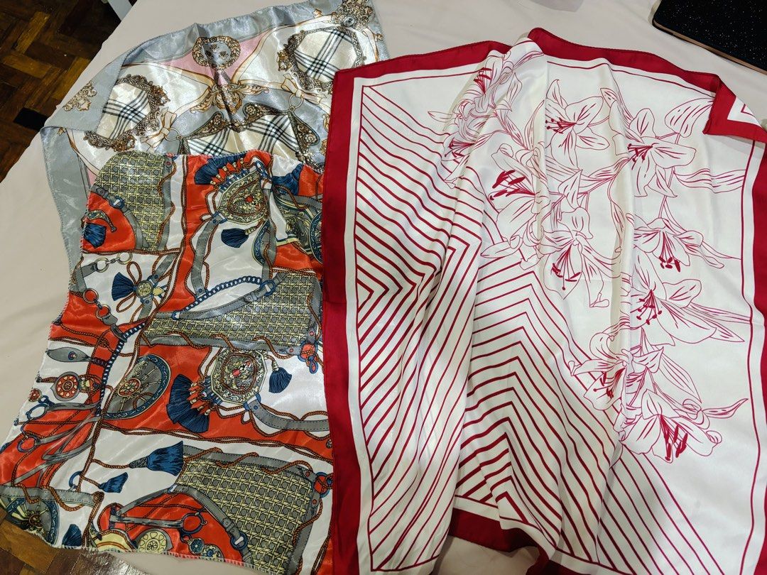 Silk scarves assorted patterns (Category: Scarves) located in Manila. Submitted by joeeeyyy30 (Listing ID 1469908913, Image 1). Description: 80 pesos each 3 for 200! Set of 3 square silk scarves I don’t even remember where I got these but I never used them. The white one is larger than the two other carves. .