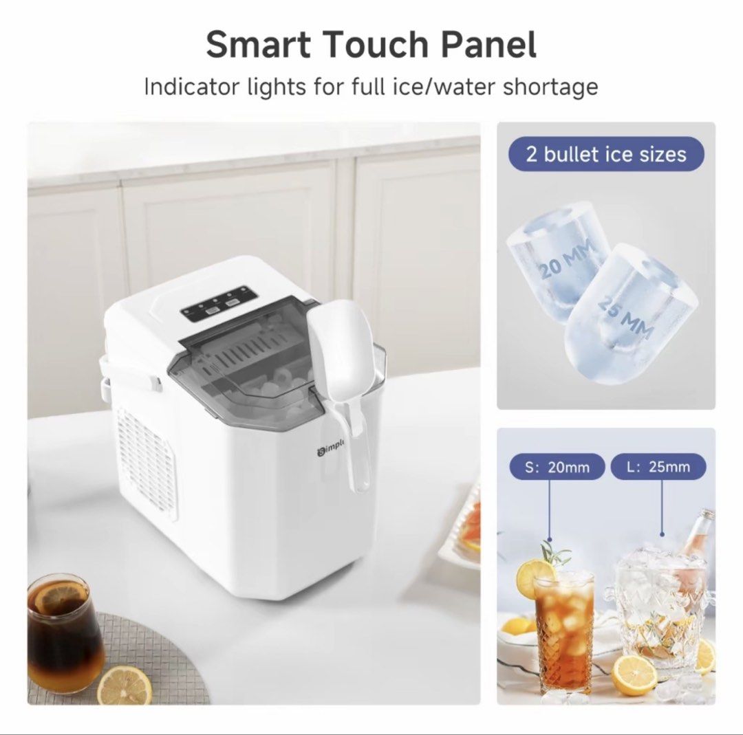 Simplus Household Compact Ice Maker White (Category: Refrigerators and Freezers) located in Manila. Submitted by laura.mnl (Listing ID 1469758893, Image 3). Description: - Capacity: Produces up to 12kg of ice per day - Fast Ice Making: Ready in 7-8 minutes for 9 cubes - Dual Sizes: Choose between 20mm and 25mm bullet ice - Smart Panel: Touch controls with indicators for full ice and low water - Smart Design: 1.3L water tank with melted ice recirc