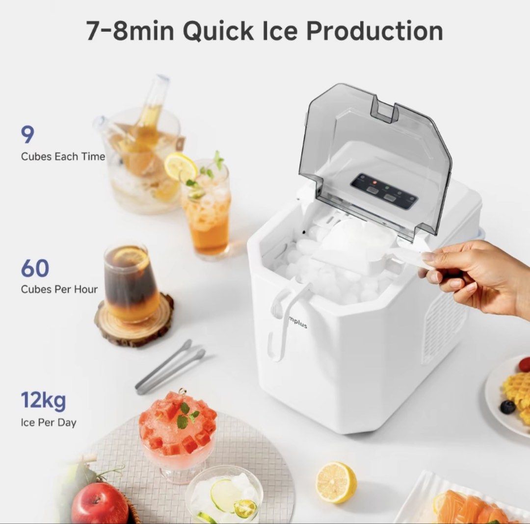 Simplus Household Compact Ice Maker White (Category: Refrigerators and Freezers) located in Manila. Submitted by laura.mnl (Listing ID 1469758893, Image 2). Description: - Capacity: Produces up to 12kg of ice per day - Fast Ice Making: Ready in 7-8 minutes for 9 cubes - Dual Sizes: Choose between 20mm and 25mm bullet ice - Smart Panel: Touch controls with indicators for full ice and low water - Smart Design: 1.3L water tank with melted ice recirc