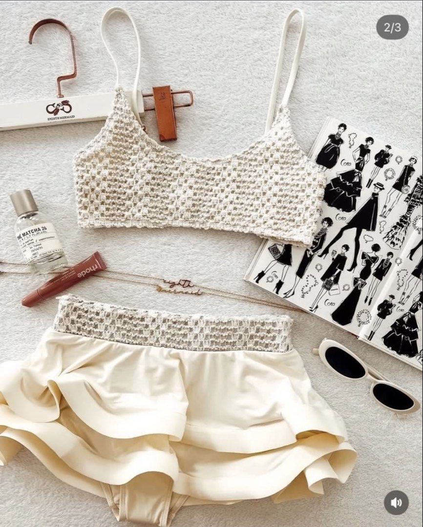 Small - Eighth Mermaid | Nikita Set Cream (Category: Bikinis & Swimsuits) located in Las Pinas. Submitted by charmeecharm (Listing ID 1469788251, Image 2). Description: - Item: Nikita Bikini Set - Color: Cream - Condition: Like new - Details: Crochet knit crop top with spaghetti straps and matching high-waisted layered ruffle shorts.