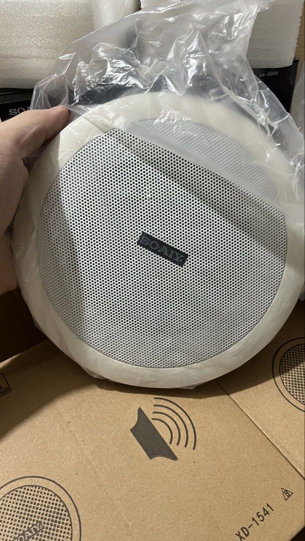 Soaiy SA-6006 System (Category: Soundbars, Speakers & Amplifiers) located in Quezon City. Submitted by johnmdv (Listing ID 1469888880, Image 3). Description: - Brand: Soaiy - Model: SA-6006 PA System Setup - Condition: Brand new, unused inventory in original cartons - Inclusions: Main amplifier unit with control knobs, multiple ceiling speakers in boxes, connection cables, user manual, and warranty card - Ideal for: Home audio, business paging, b