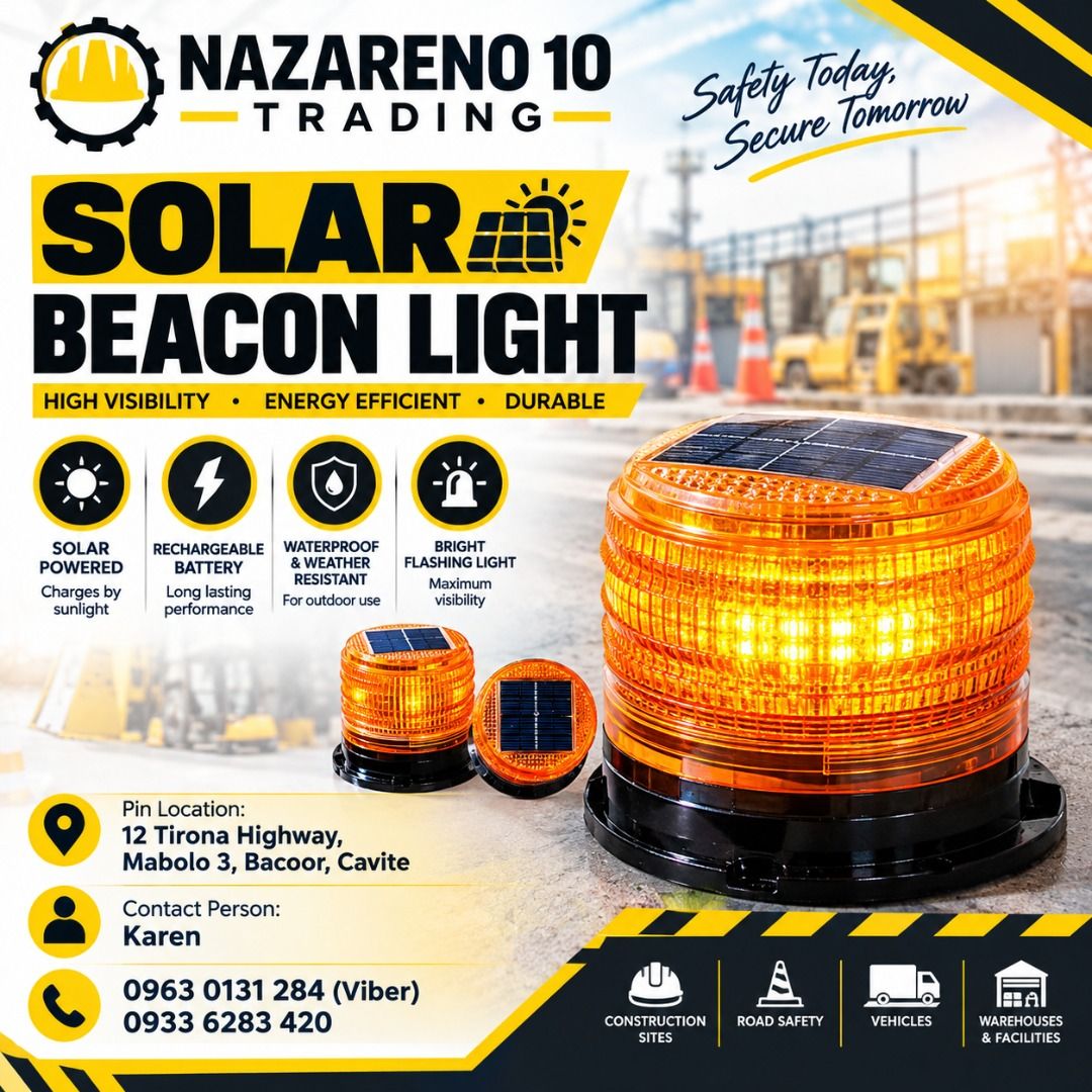 Solar Blinker Light (Category: Looking For) located in Bacoor. Submitted by kajezame.2021 (Listing ID 1469787490, Image 1). Description: Solar Blinker Light For More Details and Discount Contact Ms. Karen NAZARENO 10 TRADING 0963 0131 284 0933 6283 420 0956 7028 557 0933 8559 510 Landline: Look for Ms. Karen (046 ) 416 3920 Also available: • Traffic cone • Parking Block stopper • Hooded trash bin • Road Plastic Barrier • Spill boom • Fishing buoy