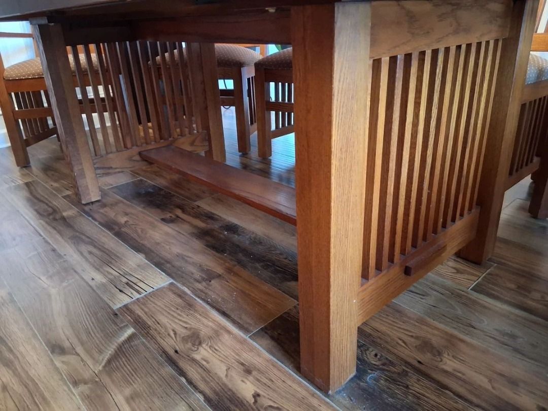 Solid Oak Mission Dining Set - Expandable Table with 6 Chairs (Category: Tables & Sets) located in Manila. Submitted by vashtardo (Listing ID 1469843951, Image 2). Description: - Material: Solid oak with warm honey wood finish - Seating: Comfortably seats six with matching slat-back chairs - Style: Mission-style legs and stretcher base, very sturdy construction - Inclusions: Comes with a protective top pad cover - Best For: Family dinners and hos