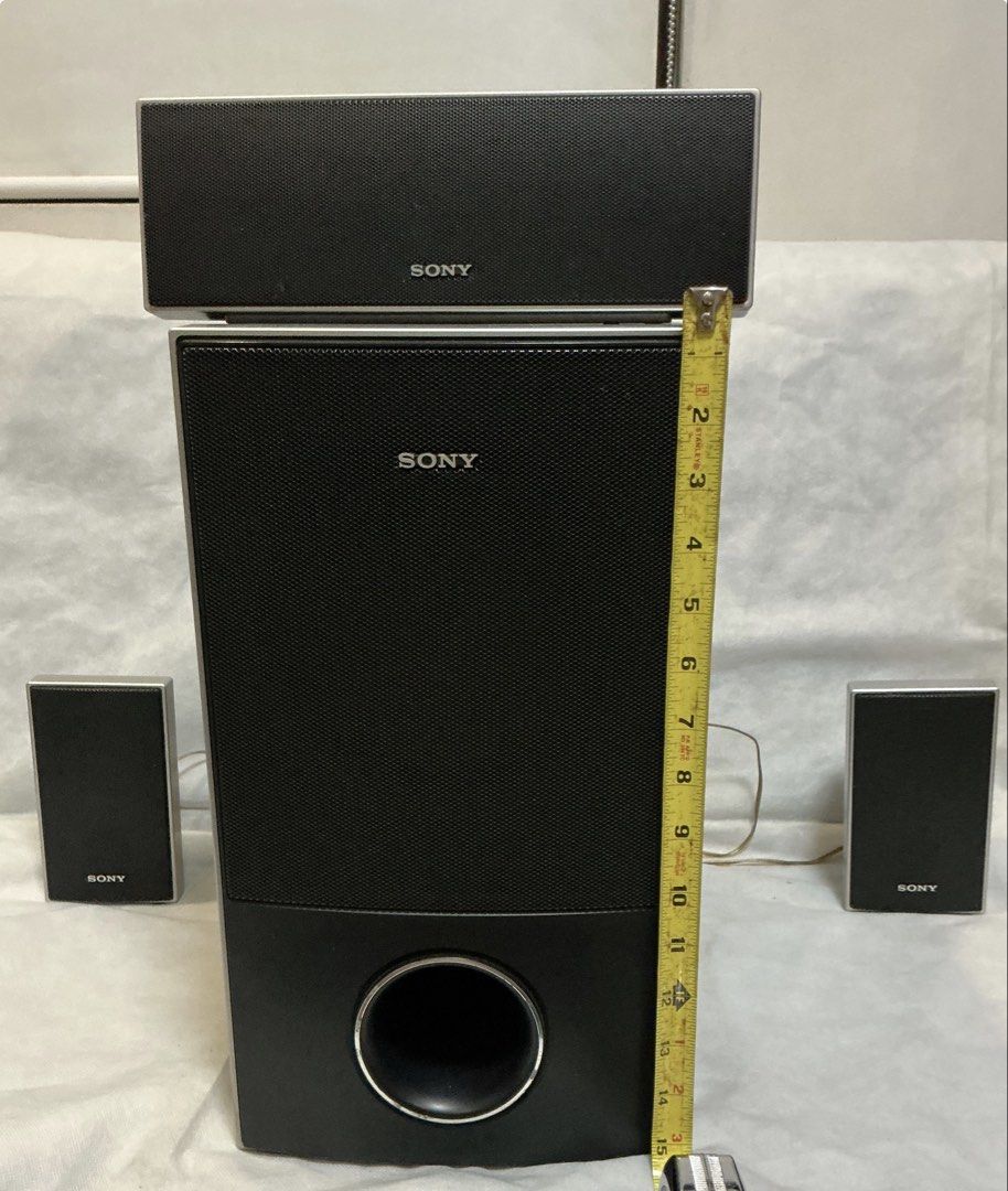 SONY Surround Sound Speaker System (Category: Soundbars, Speakers & Amplifiers) located in Makati City. Submitted by boldturtle-8720 (Listing ID 1469857134, Image 1). Description: Sony surround sound speaker set, include a passive subwoofer, a center speaker, and satellite speakers with black mesh grilles and silver trim. .