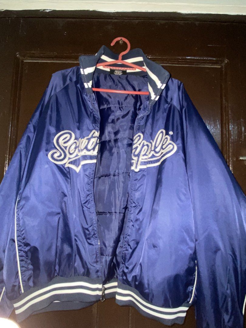 Southpole Navy Blue Varsity Bomber Jacket Size L (Category: Coats, Jackets and Outerwear) located in Manila. Submitted by almazankyle19 (Listing ID 1469879767, Image 2). Description: - Brand: Southpole - Color: Navy Blue - Style: Classic varsity bomber jacket with full zip closure - Details: Embroidered logo across the chest, striped ribbed collar, cuffs, and hem, warm quilted inner lining - Size on tag: L (16-18) - Measurements: Width 22 inches,