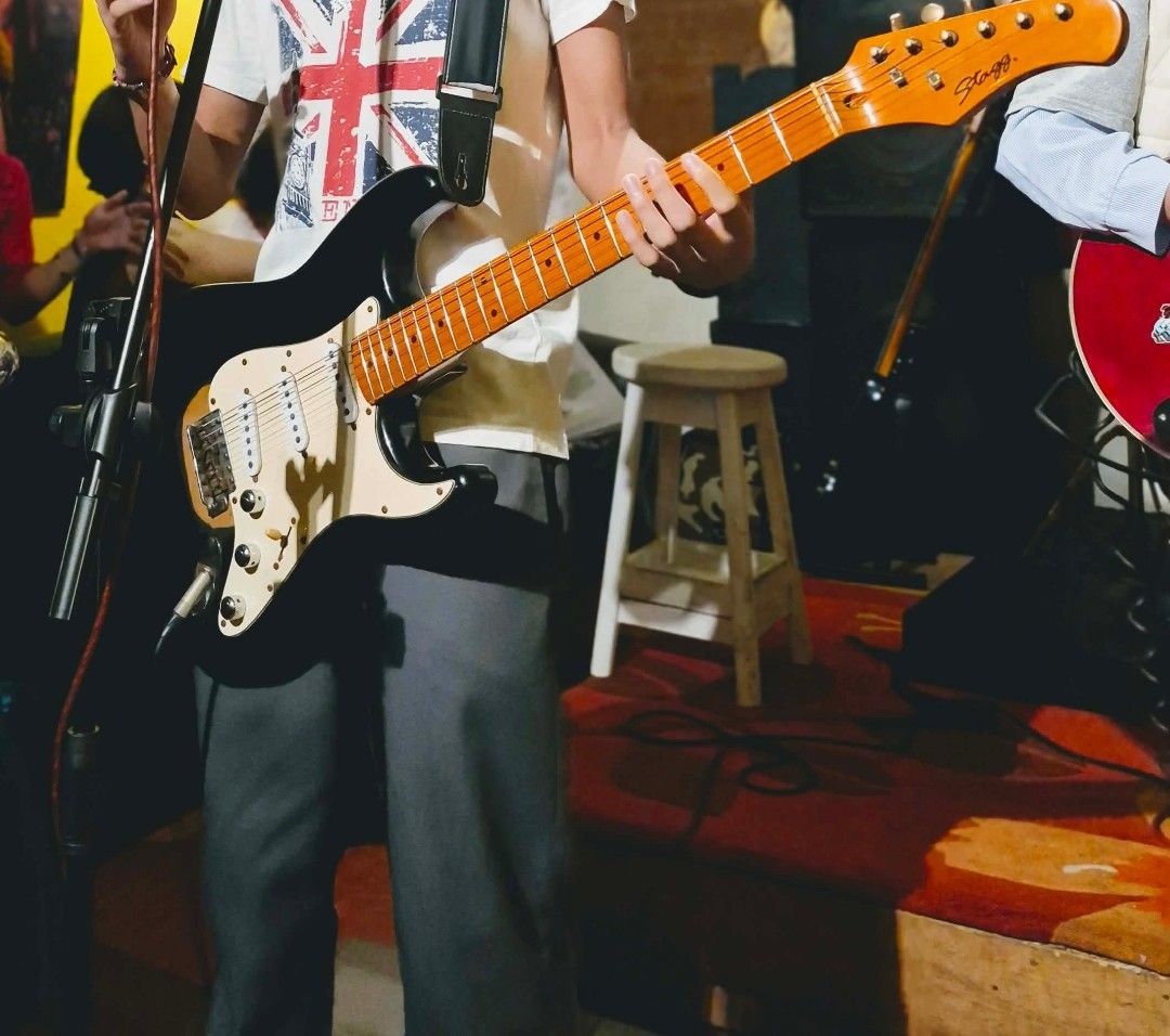 Stagg Stratocaster (Upgraded Greco Japanese Pickups) (Category: Musical Instruments) located in Quezon City. Submitted by martineenguyen (Listing ID 1469946740, Image 1). Description: Guitar has greco japanese pickups, Locking tuners, and smooth maple neck. has that fender "quack" sound on position 2 and 4 can send videos honest issues: no high e rusty bridge and string tree as seen in photo. only used in 1 gig but mostly home practice. QC area, 