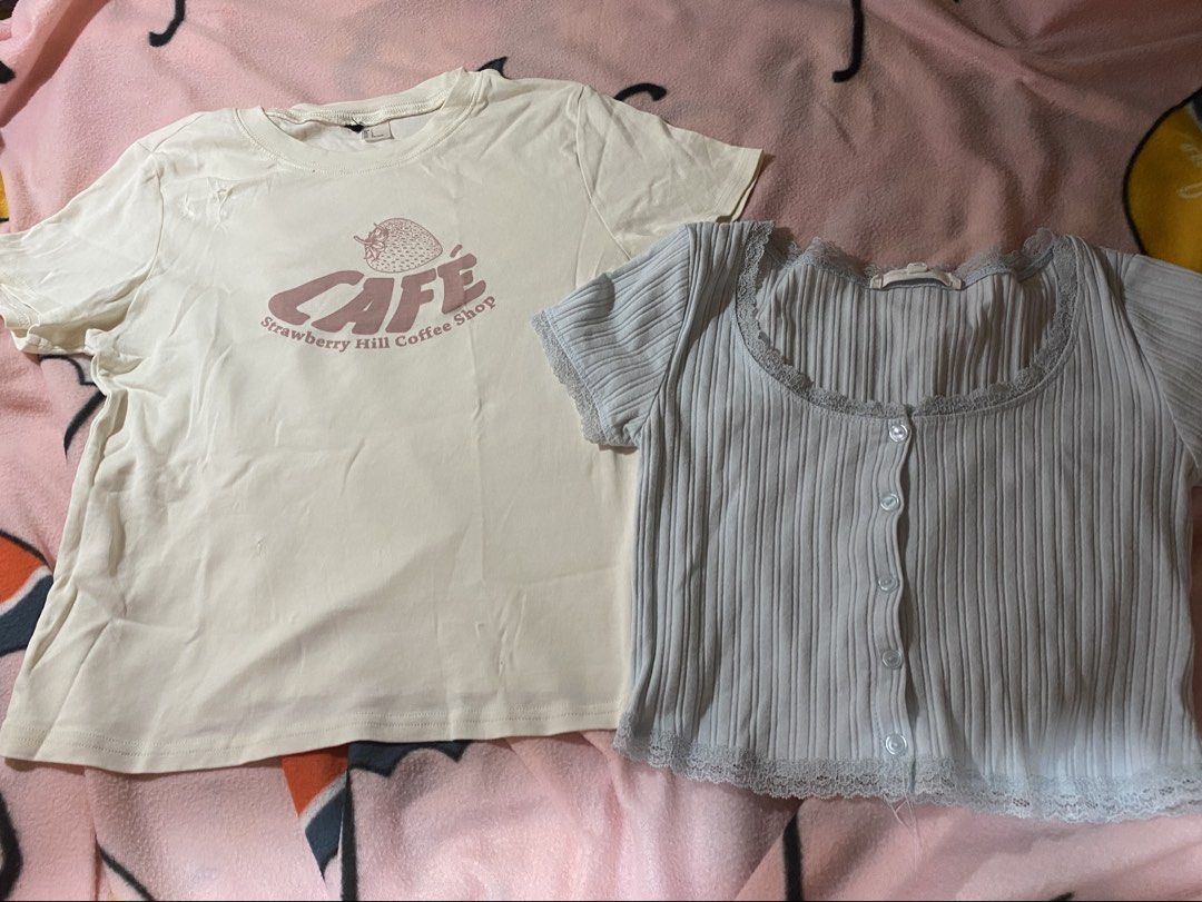 Strawberry Lace Trim Tops Bundle (Category: Blouses) located in Batangas. Submitted by xi_sapmata (Listing ID 1469834202, Image 1). Description: - Bundle of 2 tops: Cream graphic tee & Light blue ribbed crop top - Blue Crop Top: Ribbed texture, button-up front, delicate lace trim on scoop neck and hem, Size XS (cropped if S) - Strawberry top (S) - may onting errors lang Tingi @ 60 ea .