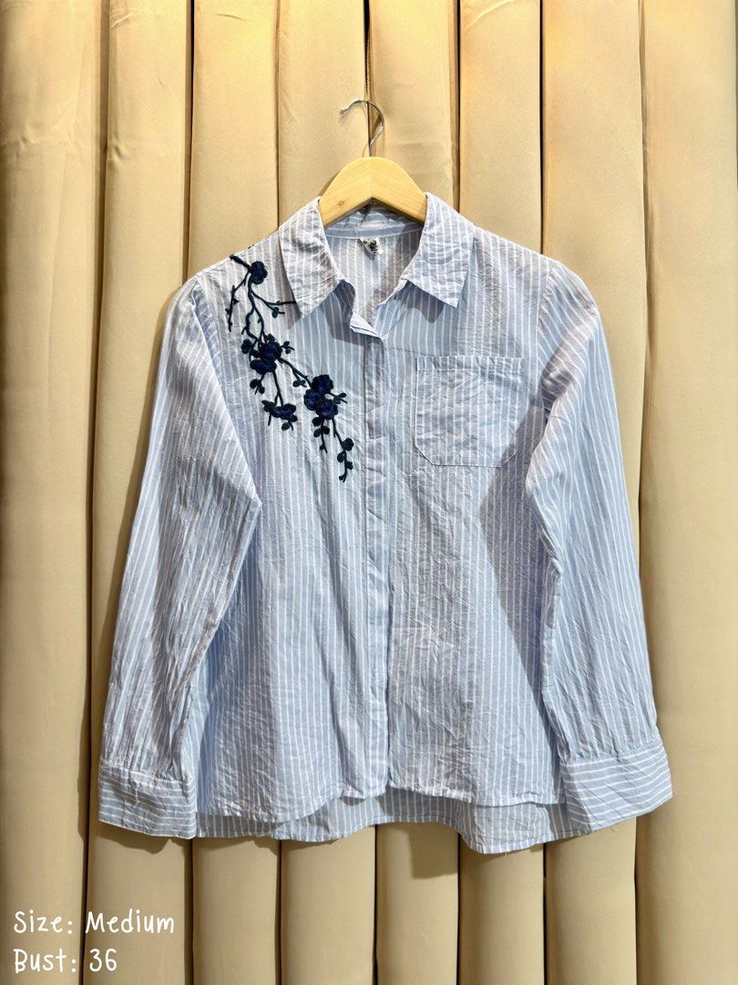 STRIPED LONGSLEEVE SHIRT (Category: Longsleeves) located in Manila. Submitted by glamstylemnl (Listing ID 1469913487, Image 1). Description: ♡ SIZE: M ♡ BUST: 36 ♡ Swipe left to see the actual color & details ♡ dark blue floral branch embroidery on the right chest, single patch pocket ♡ HQ • 10/10 ♡ Ready to wear 👚.