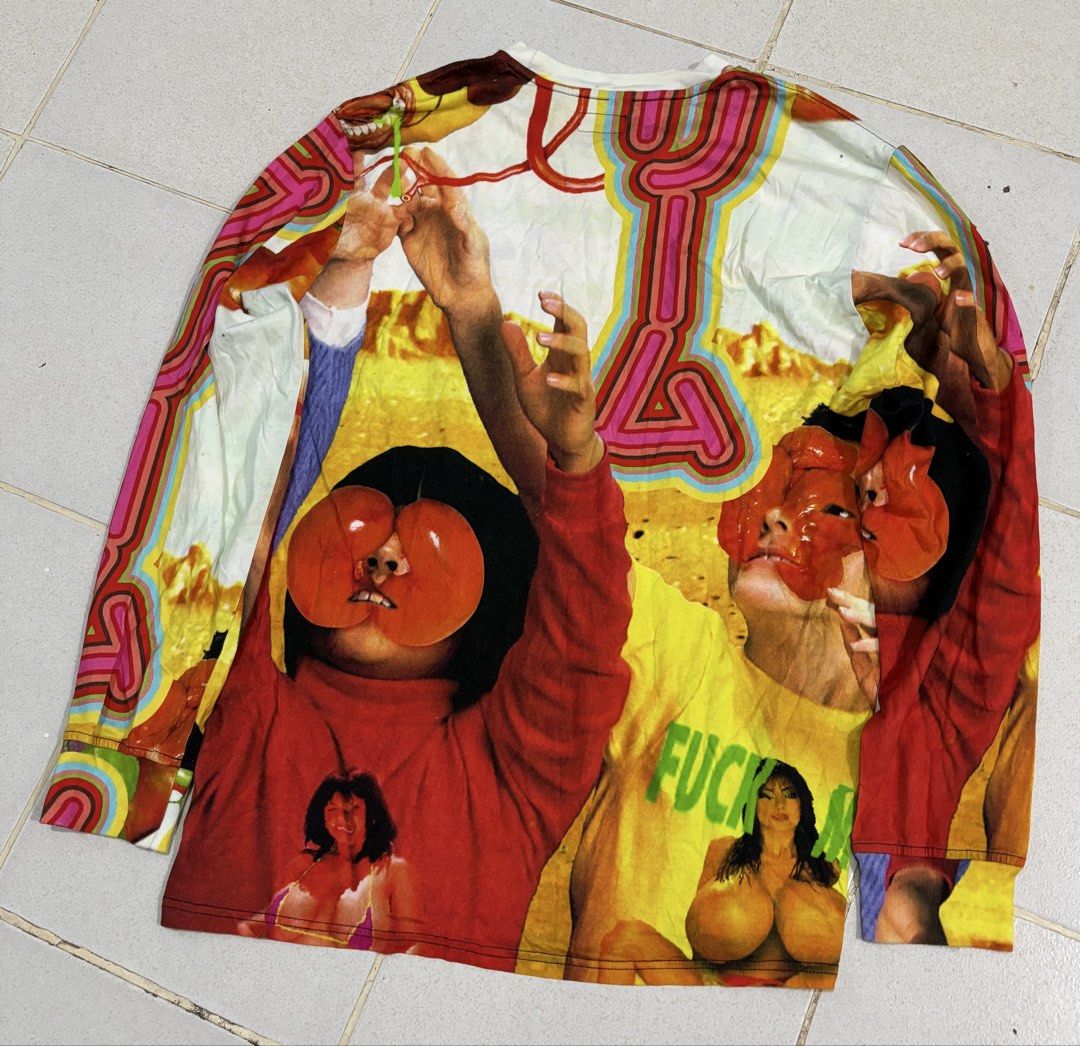 Supreme Ss19s sekintani la (Category: Coats, Jackets and Outerwear) located in Manila. Submitted by kenriegab (Listing ID 1469921781, Image 3). Description: - Brand: Supreme - Collaboration: Mike Kelley artwork - Design: All-over multicolor psychedelic graphic print on front and back - Material: 100% cotton - Size: Large - Details: Crew neck, clean interior labels, and clear side washing instructions - Condition: Excellent Dimes: L30 x W 23 Excel