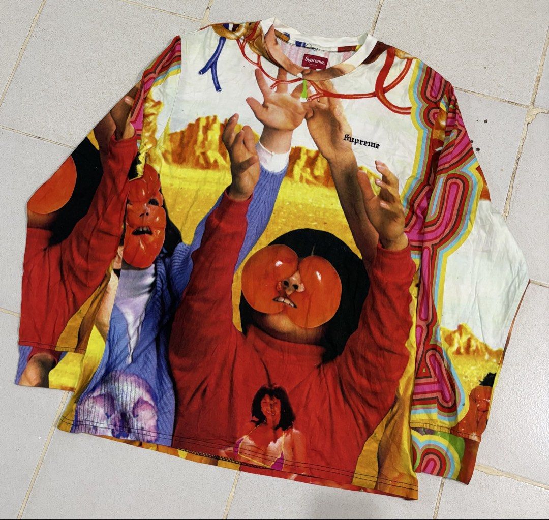 Supreme Ss19s sekintani la (Category: Coats, Jackets and Outerwear) located in Manila. Submitted by kenriegab (Listing ID 1469921781, Image 1). Description: - Brand: Supreme - Collaboration: Mike Kelley artwork - Design: All-over multicolor psychedelic graphic print on front and back - Material: 100% cotton - Size: Large - Details: Crew neck, clean interior labels, and clear side washing instructions - Condition: Excellent Dimes: L30 x W 23 Excel