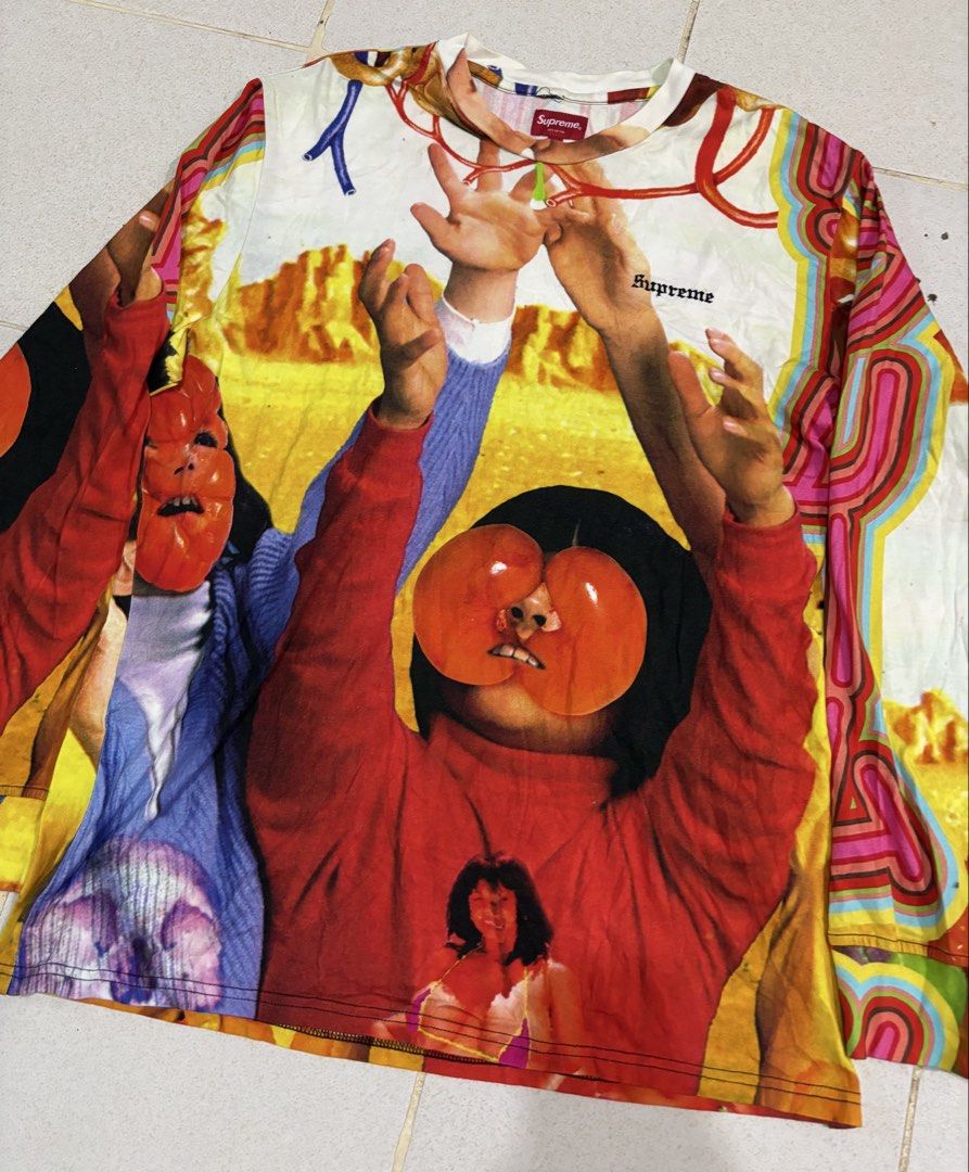 Supreme Ss19s sekintani la (Category: Coats, Jackets and Outerwear) located in Manila. Submitted by kenriegab (Listing ID 1469921781, Image 2). Description: - Brand: Supreme - Collaboration: Mike Kelley artwork - Design: All-over multicolor psychedelic graphic print on front and back - Material: 100% cotton - Size: Large - Details: Crew neck, clean interior labels, and clear side washing instructions - Condition: Excellent Dimes: L30 x W 23 Excel