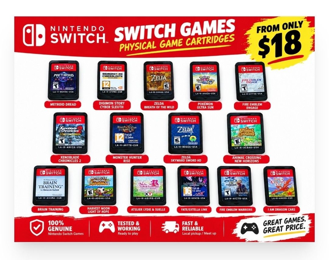 Switch games bundle (Category: Nintendo) located in Singapore. Submitted by Eddyicecream (Listing ID 1469797992, Image 1). Description: switch games for sale mailing is +2 dollars no box Game Price Metroid Prime 4: Beyond switch 1 version - 48 Zelda: Echoes of Wisdom - 42 Animal Crossing: New Horizons - 42 Pokémon Mystery Dungeon: Rescue Team DX - 40 Zelda: Breath of the Wild - 38 Fire Emblem Engage - 38 Xenoblade Chronicles 2 (Torna edition) - 3
