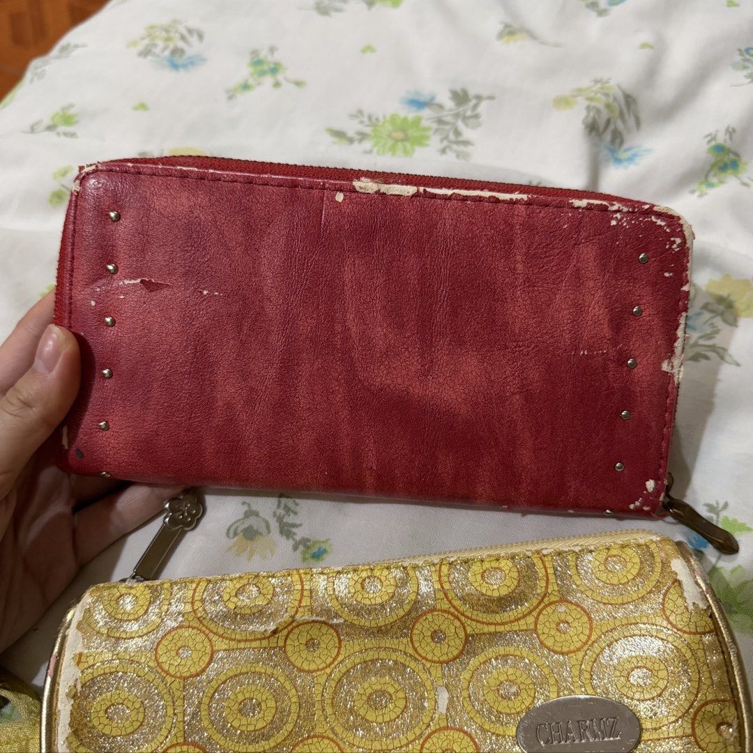 [TAKE 2] Y2K 2000s Red Wallet & Glitter Pouch/Pencil Case (Category: Wallets & Card holders) located in Pasig City. Submitted by beabimbop (Listing ID 1469865594, Image 3). Description: • take both for ₱50 only! • issue: peeling. check pics carefully for defects • insides are in good condition / still functional • price is negotiable. can get these for free if you buy other items from me 🏷️ tags: leather wallet, stud, yellow pouch, spiral, 2000s