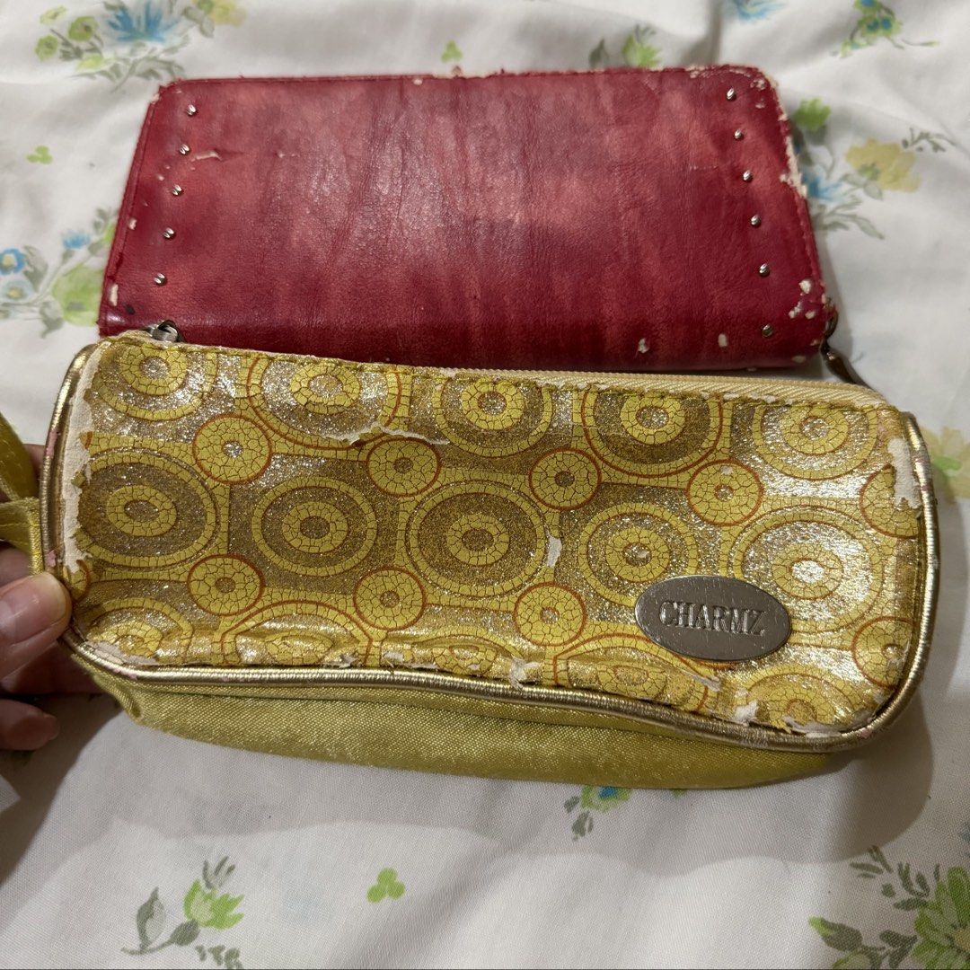 [TAKE 2] Y2K 2000s Red Wallet & Glitter Pouch/Pencil Case (Category: Wallets & Card holders) located in Pasig City. Submitted by beabimbop (Listing ID 1469865594, Image 2). Description: • take both for ₱50 only! • issue: peeling. check pics carefully for defects • insides are in good condition / still functional • price is negotiable. can get these for free if you buy other items from me 🏷️ tags: leather wallet, stud, yellow pouch, spiral, 2000s