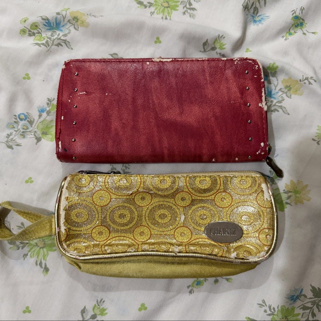 [TAKE 2] Y2K 2000s Red Wallet & Glitter Pouch/Pencil Case (Category: Wallets & Card holders) located in Pasig City. Submitted by beabimbop (Listing ID 1469865594, Image 1). Description: • take both for ₱50 only! • issue: peeling. check pics carefully for defects • insides are in good condition / still functional • price is negotiable. can get these for free if you buy other items from me 🏷️ tags: leather wallet, stud, yellow pouch, spiral, 2000s