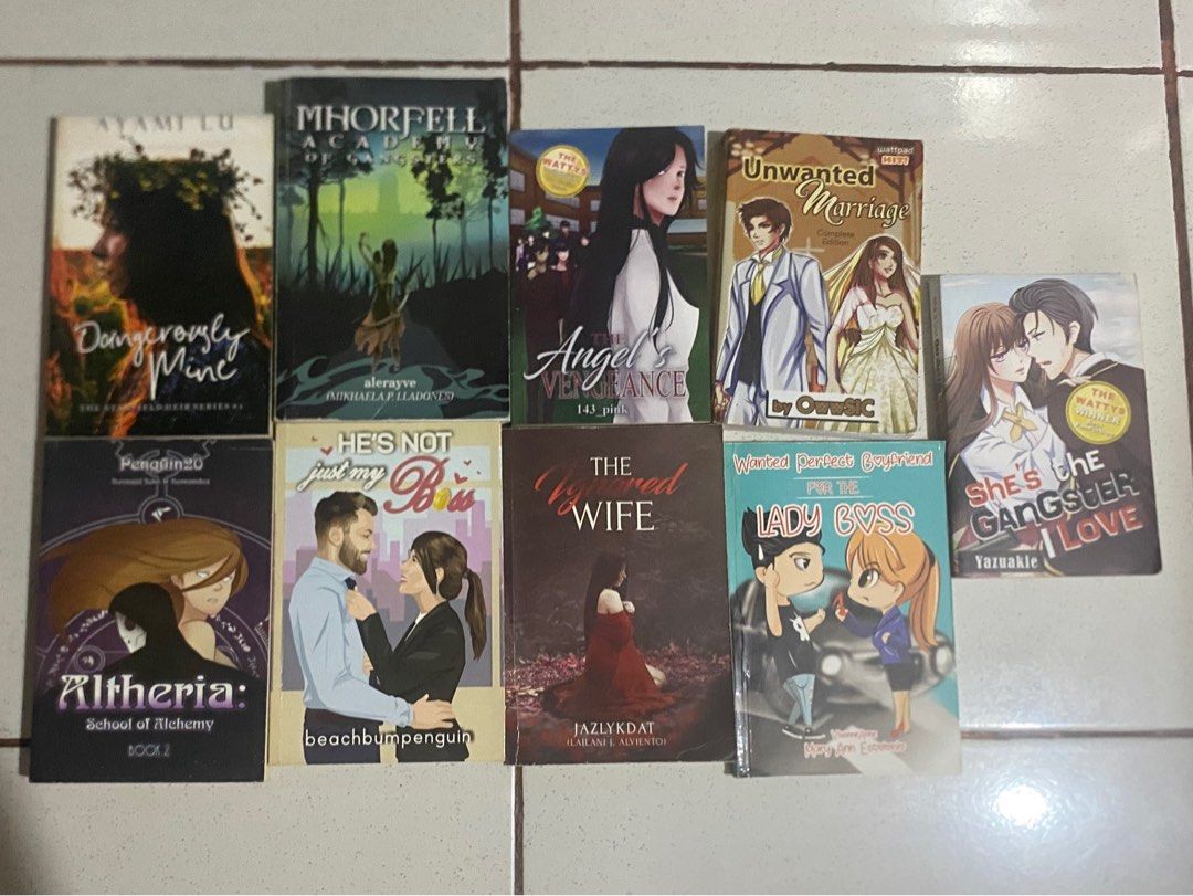 TAKE ALL Wattpad Romance Novels Book Bundle (Category: Storybooks) located in Quezon City. Submitted by declutteraia (Listing ID 1469912070, Image 1). Description: - Set of 10 popular Wattpad romance novels - Titles include: She's the Gangster, Lady Boss, The Vengeful Wife, He's Not Just My Boss, Altheria, Unwanted Marriage, The Angel's Vengeance, Mhorfell Academy, and Dangerously Mine - Great addition for local romance book readers and collector