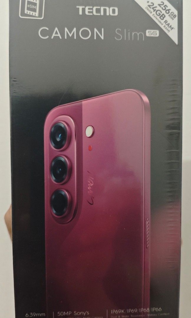 Tecno Camon Slim 5G 8/256gb Burgundy (Category: Android Others) located in Quezon City. Submitted by auhsoj2512 (Listing ID 1468756884, Image 2). Description: For Sale only✓ BRAND NEW SEALED! Tecno Camon Slim 5G 8/256gb Burgundy color w/ Magbadge freebie 21,500 fix 28,000 mall srp Specs: * Display: 6.78” 1.5K AMOLED, 144Hz refresh rate * Processor: MediaTek Dimensity 7300e 5G * RAM: 8GB + up to 16GB Extended RAM * Storage: 128GB / 256GB * Rear Ca