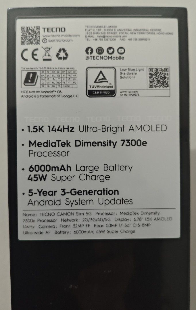 Tecno Camon Slim 5G 8/256gb Burgundy (Category: Android Others) located in Quezon City. Submitted by auhsoj2512 (Listing ID 1468756884, Image 3). Description: For Sale only✓ BRAND NEW SEALED! Tecno Camon Slim 5G 8/256gb Burgundy color w/ Magbadge freebie 21,500 fix 28,000 mall srp Specs: * Display: 6.78” 1.5K AMOLED, 144Hz refresh rate * Processor: MediaTek Dimensity 7300e 5G * RAM: 8GB + up to 16GB Extended RAM * Storage: 128GB / 256GB * Rear Ca