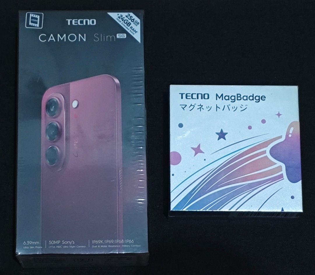 Tecno Camon Slim 5G 8/256gb Burgundy (Category: Android Others) located in Quezon City. Submitted by auhsoj2512 (Listing ID 1468756884, Image 1). Description: For Sale only✓ BRAND NEW SEALED! Tecno Camon Slim 5G 8/256gb Burgundy color w/ Magbadge freebie 21,500 fix 28,000 mall srp Specs: * Display: 6.78” 1.5K AMOLED, 144Hz refresh rate * Processor: MediaTek Dimensity 7300e 5G * RAM: 8GB + up to 16GB Extended RAM * Storage: 128GB / 256GB * Rear Ca