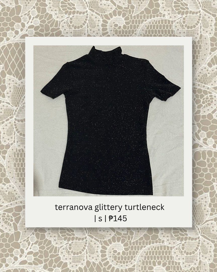terranova glittery turtleneck (Category: Longsleeves) located in Manila. Submitted by yours_eventually (Listing ID 1469907881, Image 1). Description: - Brand: Terranova - Size: Small - Style: Short sleeve, mock neck turtleneck - Color: Black with all-over tiny silver sparkles - Material: Stretchy, snug fit - Condition: Great for evening wear and parties.