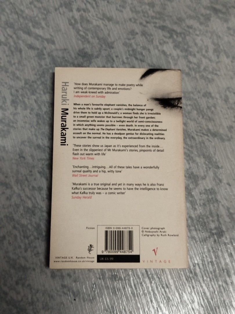 The Elephant Vanishes by Haruki Murakami (Category: Storybooks) located in Marikina City. Submitted by cloudescollection (Listing ID 1469774251, Image 2). Description: The Elephant Vanishes by Haruki Murakami Like new condition One page has some sort of ink markings on it (see attached photo) Clean copy; no annotations.