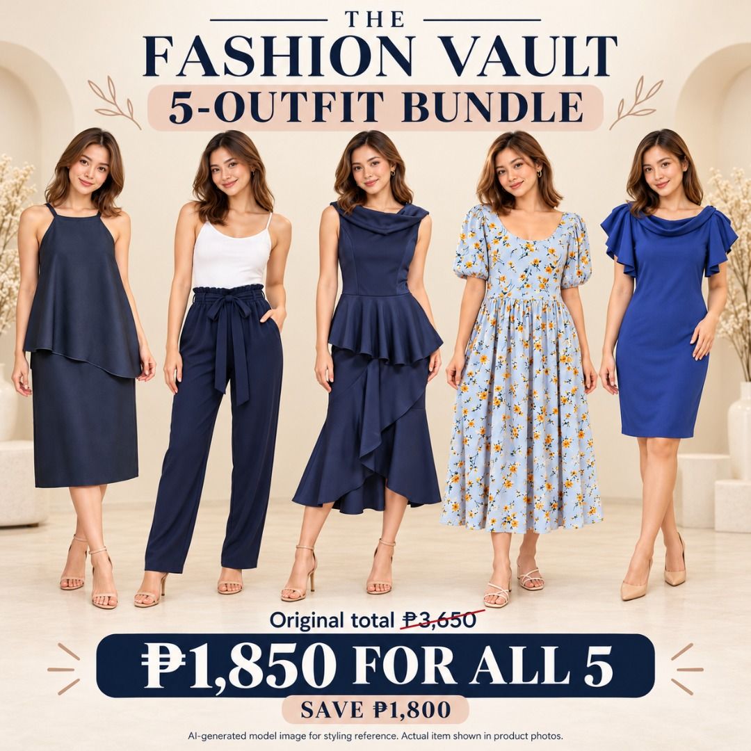 The Fashion Vault 5-Outfit Bundle (Category: Sets or Coordinates) located in Antipolo. Submitted by openingthevault728 (Listing ID 1469857334, Image 1). Description: 5-Outfit Blue Bundle – ₱1,850 for All! 💙 Refresh your wardrobe with four dresses and one pair of navy pants, as shown. Originally ₱3,650, now ₱1,850 for the entire bundle. Save ₱1,800—that’s just ₱370 per item! Message us for measurements and item details. ✨ AI-generated model image