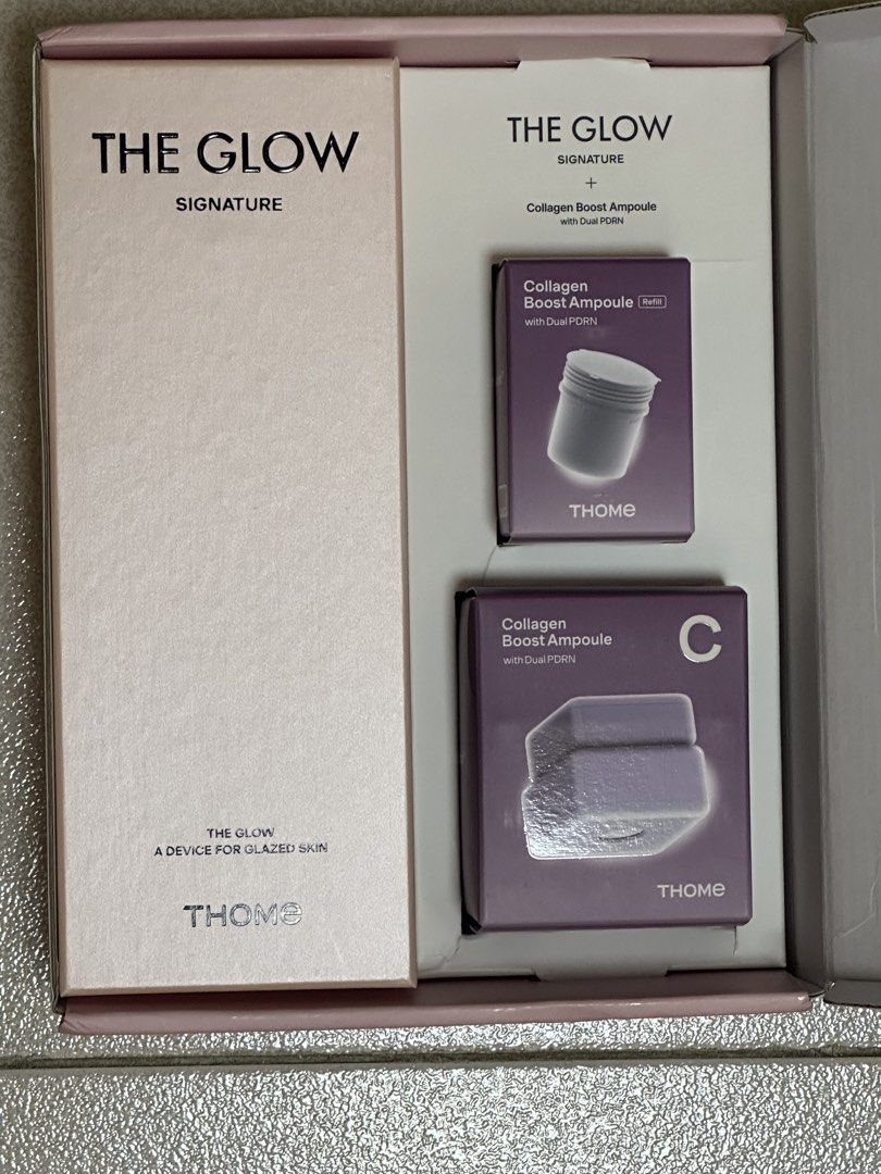 THOME The Glow Signature Set (Category: Face Care) located in Quezon City. Submitted by chan61285 (Listing ID 1469911578, Image 2). Description: Brand new and unused Includes: 50g Collagen Boost Ampoule 50g refill infused with Dual Pdrn Features 3 specialized settings: focus mode, inner mode, and tension mode Perfect for leveling up your daily K-beauty skincare routine Rfs: impulse buy. Never opened the box for the device. Shipping fee c/o buyer.
