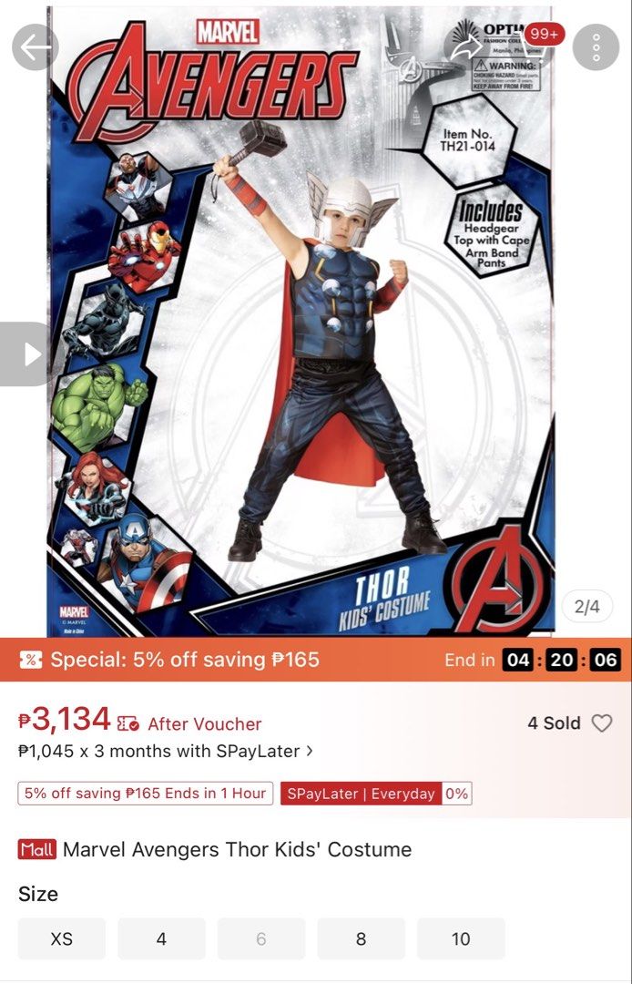 Thor Costume for Kids (Ages 4-5) (Category: Babies & Kids Fashion) located in Paranaque City. Submitted by jcbt0211 (Listing ID 1469873317, Image 3). Description: - Official Marvel Avengers Thor kids costume (Item: TH21-014) - Complete set includes headgear, top with attached red cape, arm band, and pants - Features bold printed armor details on the chest and legs - Ideal for Halloween, costume parties, and dress-up play - Available in multiple s