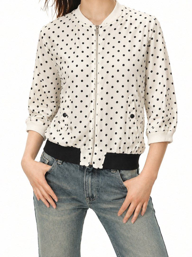 [THRIFTED & AVAILABLE] Polka Dot Bomber Jacket (Category: Coats, Jackets and Outerwear) located in Quezon City. Submitted by yaku1t (Listing ID 1469760225, Image 1). Description: SHIPPING FROM QUEZON CITY. Kindly, read the caption and the bio for some house rules. Swipe right for the close-up pictures. Item is thrifted, please, manage expectations. - White with all-over black polka dots - Design: Sporty black stripes down the sleeves - Closure: Z