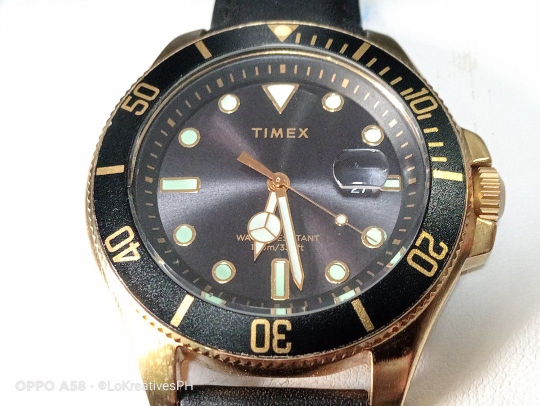 Timex Harborside Coast (With Issue) (Category: Men's Watches) located in Cavite. Submitted by purpose_served (Listing ID 1469779940, Image 3). Description: Timex Harborside Coast Quartz Black Dial Men's Watch Issue: The date does not advance automatically as the time progresses. However, the date can still be manually adjusted and changed correctly when adjusted. Gold-tone low lead brass case with a black leather strap. Rotating black low lead br