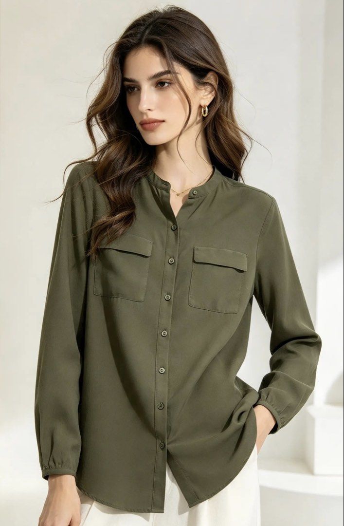 TOMMY HILFIGER (Category: Blouses) located in Davao. Submitted by sart0ria85 (Listing ID 1469780432, Image 2). Description: Mandarin collar with front button closure long sleeves in Military Olive Green and gathered back yoke, and button cuffs. Dry clean only. 100% SILK MADE IN CHINA 🇨🇳 SMALL. Size 4 EXCELLENT CONDITION (92/100).