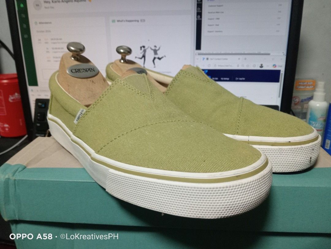 Toms Alpargata Fenix Slip On (Category: Casual Shoes) located in Cavite. Submitted by purpose_served (Listing ID 1469944176, Image 2). Description: Brand: TOMS Style: Alpargata Fenix Slip On Color / Material: Cedar Green Washed Canvas Item Number: 10017879 US Size: 8.0 mens/9.5 womens Things to know: User once, too narrow, sakit sa paa. With box but deformed already. The shoe has discolorations (Please see photos). What's included: - Pairs of sho