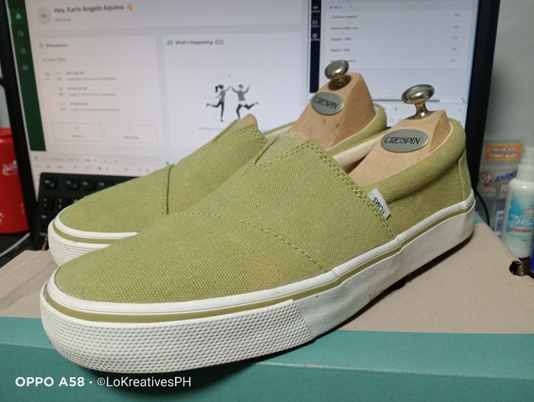 Toms Alpargata Fenix Slip On (Category: Casual Shoes) located in Cavite. Submitted by purpose_served (Listing ID 1469944176, Image 1). Description: Brand: TOMS Style: Alpargata Fenix Slip On Color / Material: Cedar Green Washed Canvas Item Number: 10017879 US Size: 8.0 mens/9.5 womens Things to know: User once, too narrow, sakit sa paa. With box but deformed already. The shoe has discolorations (Please see photos). What's included: - Pairs of sho