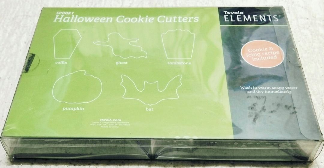 Tovolo Elements Spooky Halloween Cookie Cutters (5-Piece Set) (Category: Bakeware) located in Taguig. Submitted by Bloomscorner1 (Listing ID 1469814795, Image 2). Description: - a Tovolo Elements Spooky Halloween cookie cutter set - Set includes 5 metal tin cutters: ghost, bat, pumpkin, tombstone, and coffin - Also include one Halloween cookie tray - Comes with easy-to-follow cookie and icing recipes printed right on the box - Features a clear pl