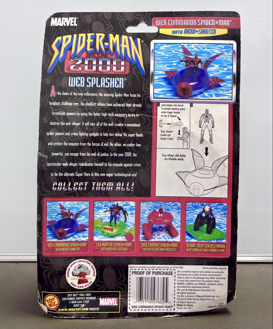Toy Biz Spider-Man Web Splashers Series 2000 - Spider-Man (Web Commando) (Category: Other Merchandise) located in Tarlac. Submitted by ggplaysph (Listing ID 1469802767, Image 2). Description: Toy Biz Spider-Man Web Splashers Series 2000 - Spider-Man (Web Commando) • 600 pesos only • Authentic / Sealed (slightly damaged packaging) • Complete accessories • Size: 5 inches 📍COD/COP available. Shipping fee must be paid first to secure your order. Ite