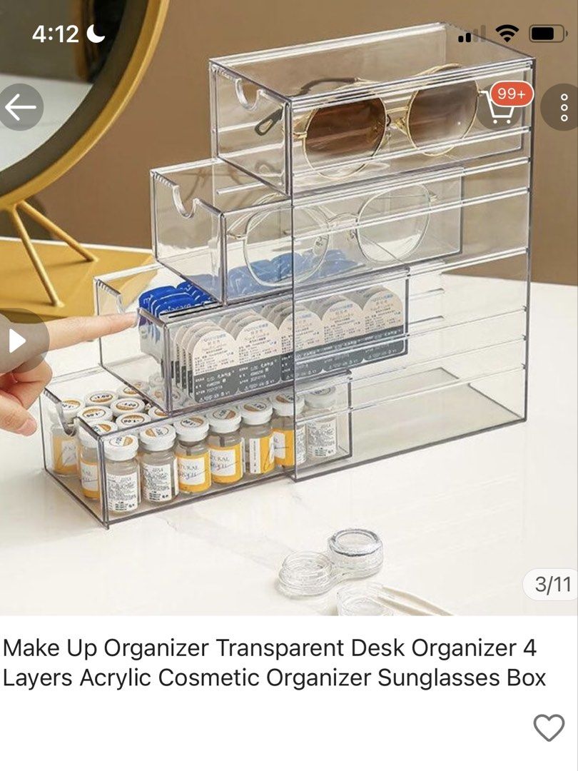 Transparent Acrylic 4-Layer Desk Drawer Organizer (Category: Storage Boxes & Baskets) located in Pasig City. Submitted by lovedbyri (Listing ID 1469836176, Image 3). Description: - Material: Sturdy clear acrylic - Features: 4 smooth sliding drawers - Versatile: Can be set up vertically or horizontally - Ideal for: Makeup, cosmetics, contact lenses, and small stationery - Design: Transparent for easy and quick item location.