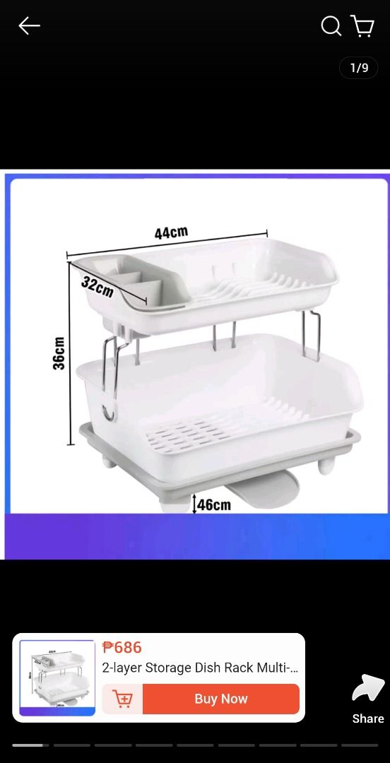 Two-tier rolling dish rack with cutlery holder (Category: Food Organization & Storage) located in Caloocan City. Submitted by wayne.rhee (Listing ID 1469848686, Image 2). Description: Location : Solstice tower 2, Makati - Color: White and Grey - Material: Sturdy plastic and metal construction - Design: Space-saving two-tier layout with built-in wheels for easy mobility - Features: Includes a detachable cutlery holder and a bottom drip tray to kee