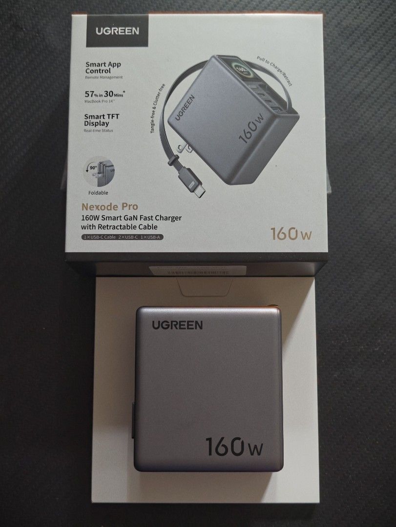 UGREEN Nexode Pro 160W Charger (Category: Chargers) located in Calamba. Submitted by vincen.z (Listing ID 1469823201, Image 1). Description: FS: UGREEN Nexode Pro 160W Charger - Opened just for testing and unboxing content purposes - 100% smooth; still brand new - 2 USB-C ports + 1 USB-A - 1m retractable USB-C cable - built-in display for real-time charging stats - connect via Ugreenconnect App to control everything 📍 preferably meetups around S
