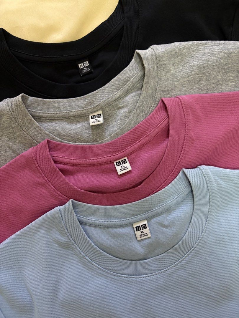 Uniqlo Crew Neck T-Shirt Bundle (Category: Shirts) located in Manila. Submitted by prelovedbymrsd (Listing ID 1469780905, Image 2). Description: 👗 PRE-LOVED CLOTHES FOR SALE 🛍️ Details: - Bundle of 4 crew neck t-shirts - Size: XL on tag (their sizing is a bit small) so it fits xs, small to medium body frame. - Black, grey, pink, light blue - Soft cotton fabric - Regular fit with standard short sleeves SELLING PRICE: ₱800 for 4pcs 📌 PLEASE READ