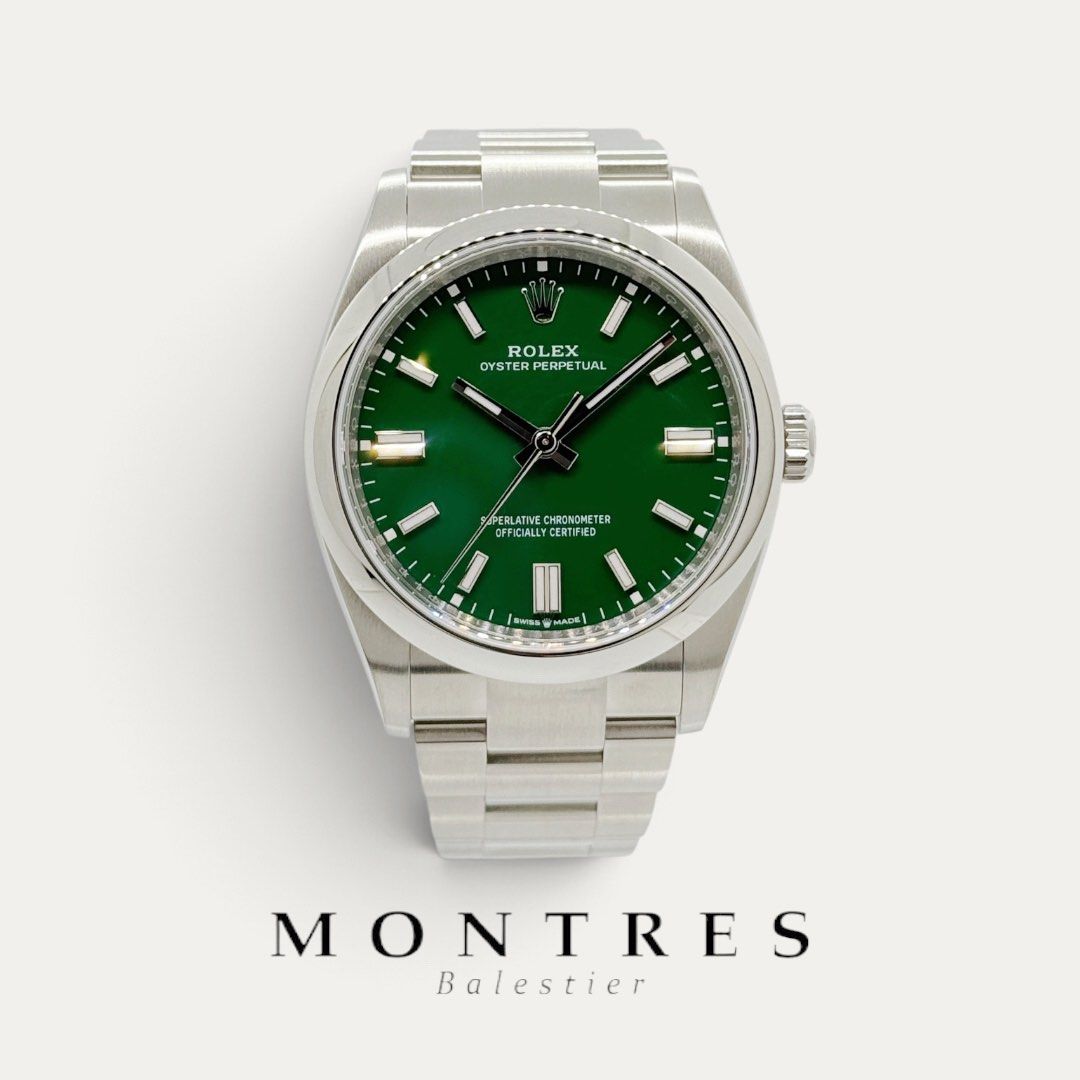 Unworn August 2026 Rolex 36MM Oyster Perpetual 126000 Green Dial (New Wooden Card) (Category: Watches) located in Singapore. Submitted by montresbalestier (Listing ID 1469817777, Image 1). Description: Please follow us for updates on our latest watches! Brand: Rolex Model: Oyster Perpetual Reference: 126000 Size: 36MM Material: Stainless Steel Dial: Green Condition: Unworn, unsized, double tags Warranty: Dated August 2026 Price is based on cash o