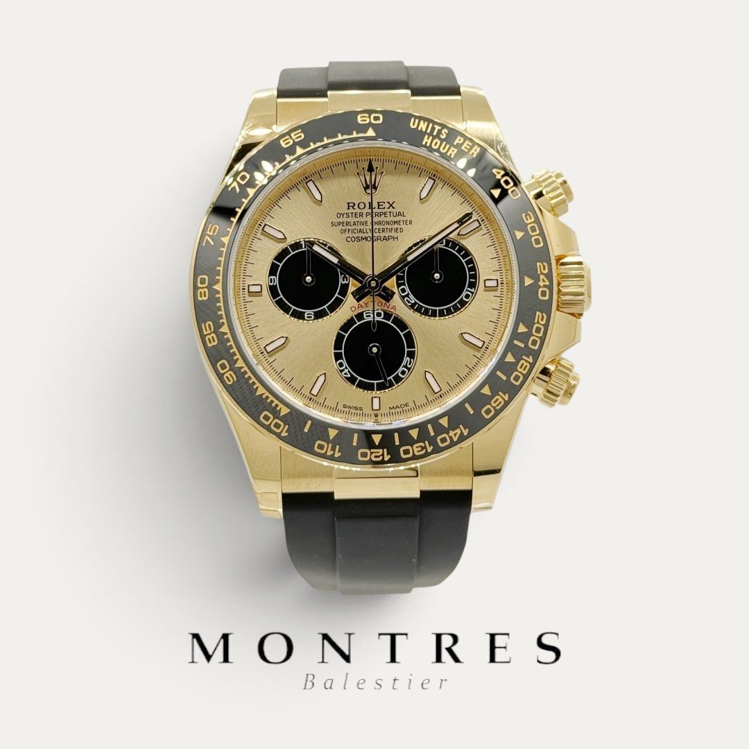 Unworn September 2026 Rolex 18K Yellow Gold Cosmograph Daytona Oysterflex 126518LN Golden & Black Dial 126518 LN “YML” (New Wooden Card) (Category: Watches) located in Singapore. Submitted by montresbalestier (Listing ID 1469817499, Image 1). Description: Please follow us for updates on our latest watches! Brand: Rolex Model: Cosmograph Daytona Reference: 126518LN Size: 40MM Material: Yellow Gold & Oysterflex (Ceramic Bezel) Dial: Golden & Black 