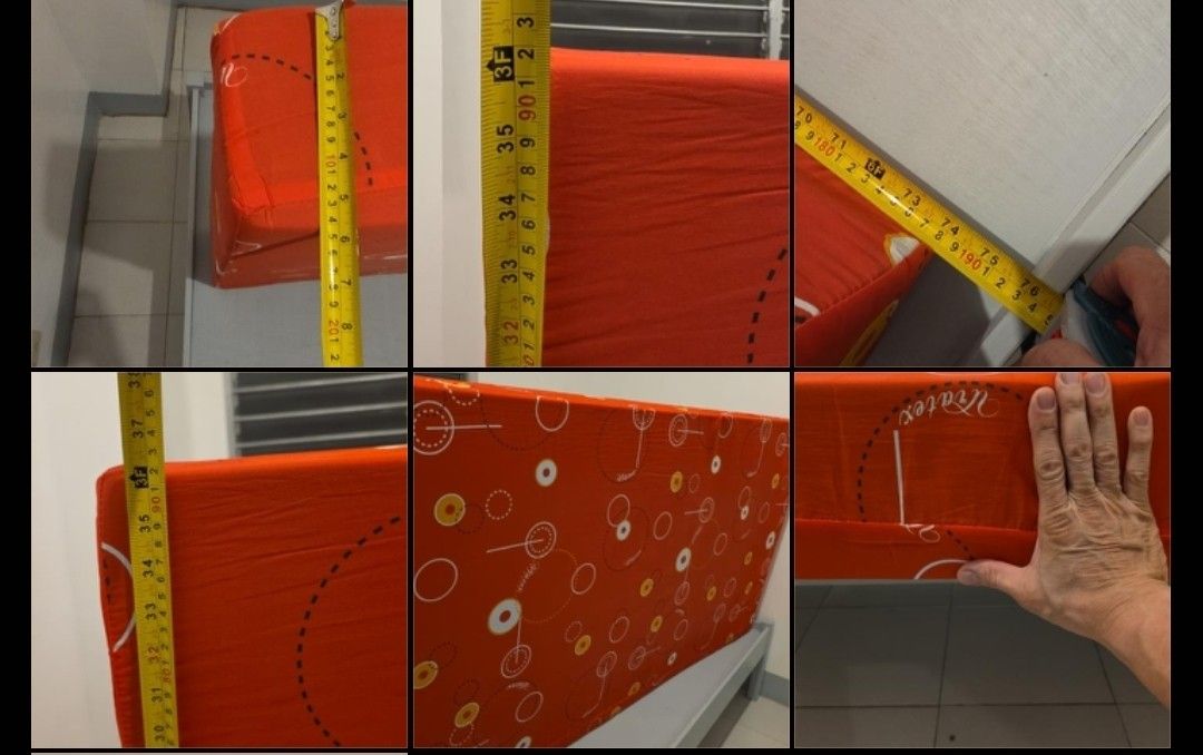 Uratex Foam Mattress With Red Patterned Cover (Category: Bed Frames & Mattresses) located in Manila. Submitted by happybear_77e59e777 (Listing ID 1469930892, Image 2). Description: - Item: Single-size Uratex foam mattress with solid grey wooden bed frame - Includes: Red patterned fitted sheet - Dimensions: Roughly 192 cm (L) x 85 cm (W) x 20 cm (Thick) - Condition: Clean, no major stains or rips observed - Ideal for: Spare rooms or studio apartme