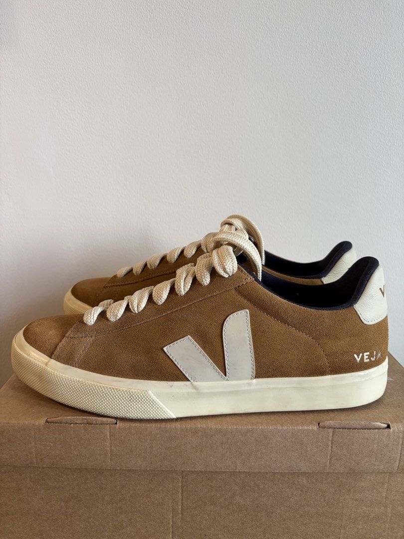 Veja Camel Pierre US M 11 (Category: Sneakers) located in Quezon City. Submitted by ronan1982 (Listing ID 1469938945, Image 2). Description: - Brand: Veja Campo - Material: Brown suede upper with off-white rubber soles - Colorway: Brown with cream laces and white V logo - Inclusions: Original box included - Condition: Uppers in great shape; soles show minor dirt from walking outside - Style: Versatile neutral sneakers, ideal for everyday outfits 