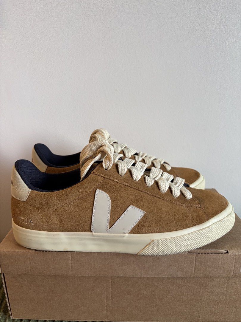 Veja Camel Pierre US M 11 (Category: Sneakers) located in Quezon City. Submitted by ronan1982 (Listing ID 1469938945, Image 1). Description: - Brand: Veja Campo - Material: Brown suede upper with off-white rubber soles - Colorway: Brown with cream laces and white V logo - Inclusions: Original box included - Condition: Uppers in great shape; soles show minor dirt from walking outside - Style: Versatile neutral sneakers, ideal for everyday outfits 