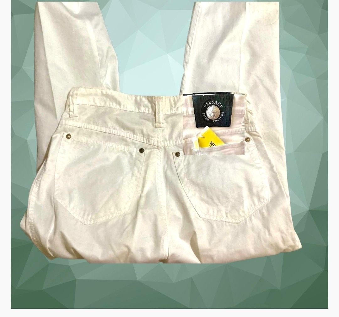 Versace Jeans Couture White Pants (Category: Jeans) located in Paranaque City. Submitted by calm_youngstore7 (Listing ID 1469872837, Image 3). Description: - Brand: Versace Jeans Couture - Color: Clean white - Style: High-waisted straight leg denim pants - Details: Signature Medusa logo hardware on buttons and rear leather patch - Pockets: Functional front and back pockets - Condition: Brand new with original store tags still attached in the back