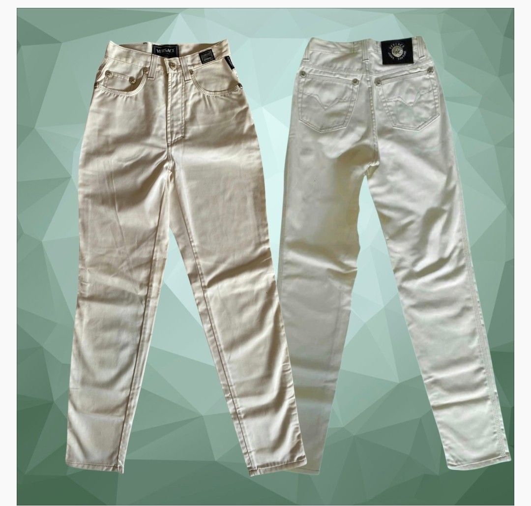 Versace Jeans Couture White Pants (Category: Jeans) located in Paranaque City. Submitted by calm_youngstore7 (Listing ID 1469872837, Image 1). Description: - Brand: Versace Jeans Couture - Color: Clean white - Style: High-waisted straight leg denim pants - Details: Signature Medusa logo hardware on buttons and rear leather patch - Pockets: Functional front and back pockets - Condition: Brand new with original store tags still attached in the back