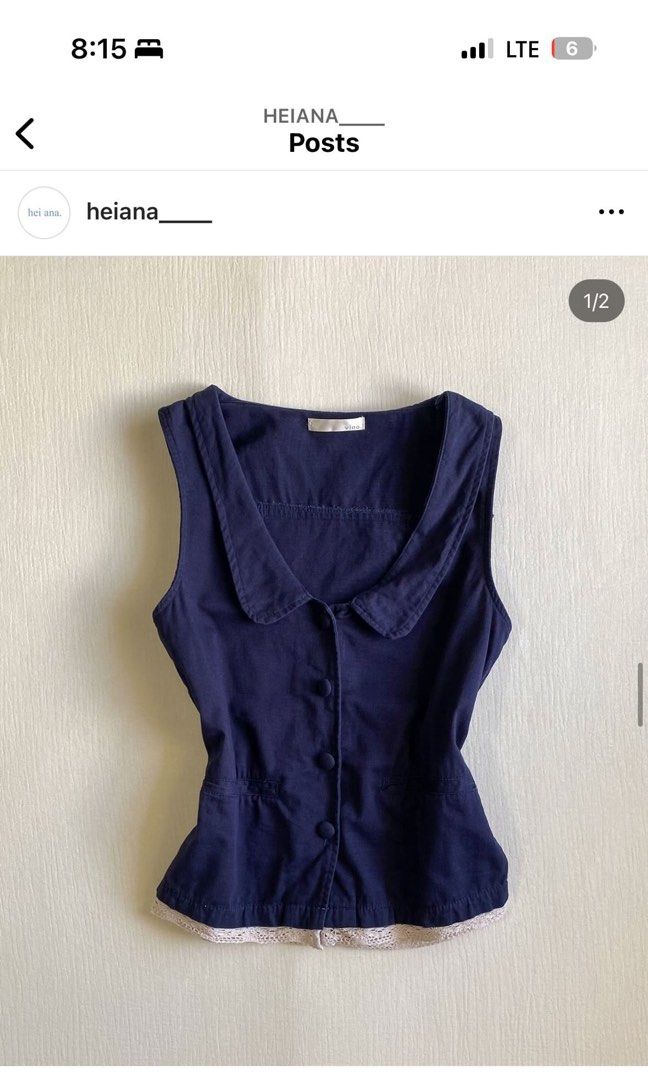 VINO Midnight Blue Peter Pan Collar Top Fits M (Category: Blouses) located in Pateros City. Submitted by overandout. (Listing ID 1469824057, Image 2). Description: - Brand: VINO - Color: Midnight blue - Style: Sleeveless top with Peter Pan collar and button-up front - Details: Front pockets, lace trim hem, and adjustable back tie sash - Size: Fits Small to Medium (Length: 21 inches, Bust: 34 inches, Waist: 34 inches) - Condition: Excellent - Boug