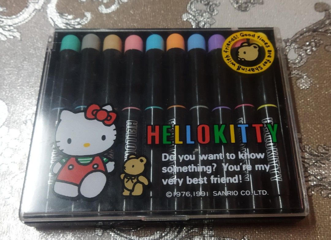 Vintage 1991 Hello Kitty Marker Set with Case (Category: Craft Supplies & Tools) located in Santa Cruz. Submitted by madonnaching (Listing ID 1469861167, Image 2). Description: - Authentic vintage Sanrio Kitty marker set (Dated 1976, 1991) - Comes in a sturdy black plastic case with a classic Kitty lid graphic - Includes 10 colorful markers featuring Kitty branding on each barrel - Perfect addition for Sanrio collectors and fans - Condition: Vint